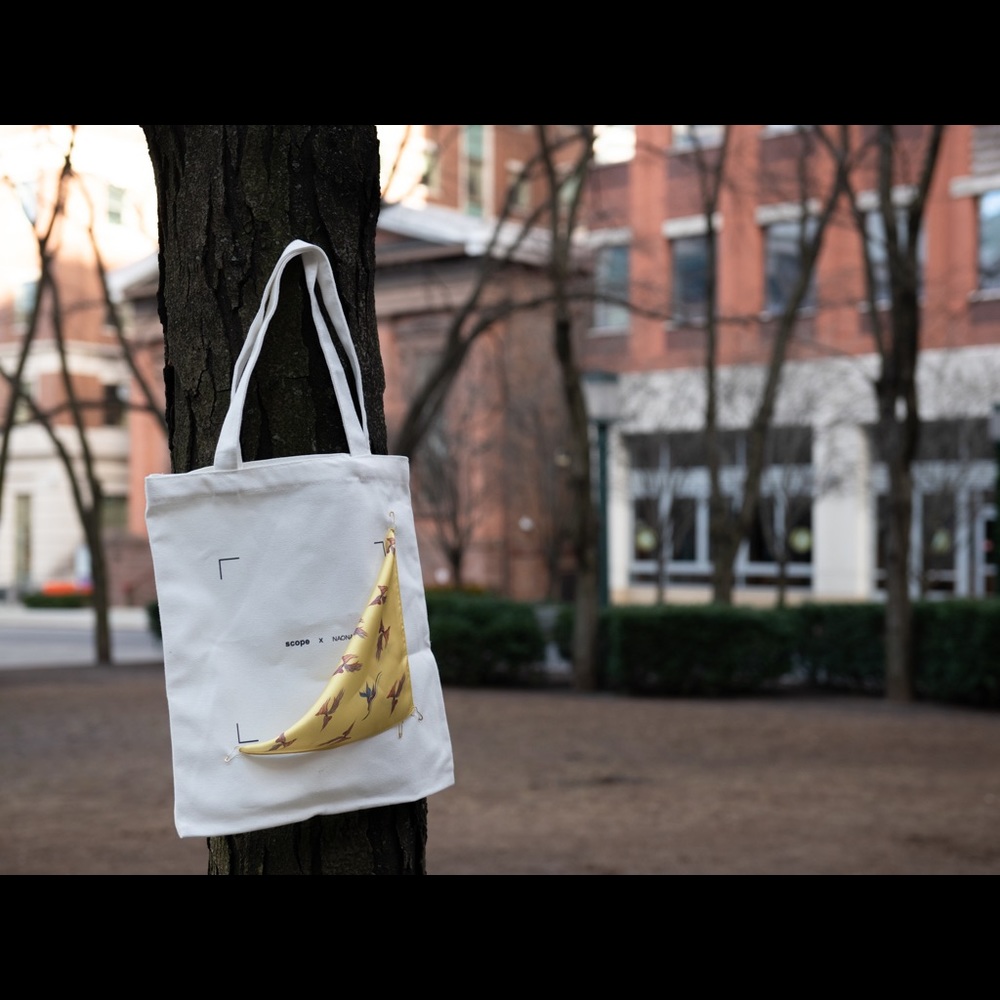 Special white tote with artist design mini silk scarf